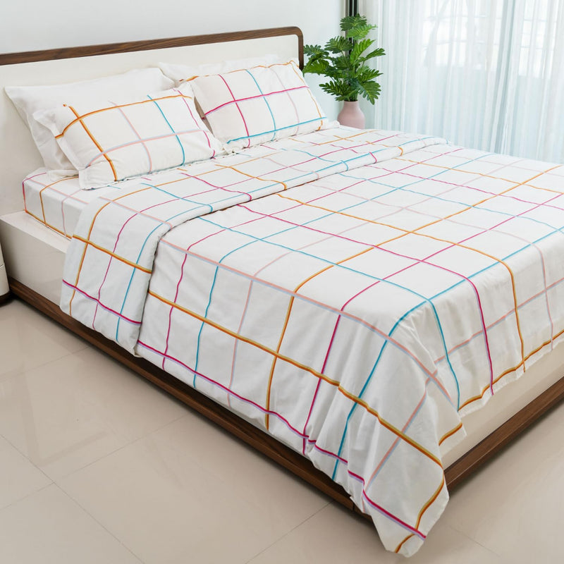 Haus & Kinder 100% Cotton Queen Size Bedsheet for Double Bed, 1 Cotton Bed Sheet Double Bed (90 X 100 Inches) with 2 Pillow Covers | 186 TC Bed Sheet Double Bed Cotton | Rainbow Checks