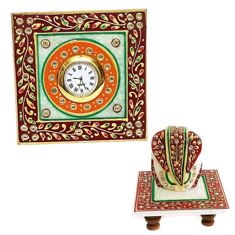 Handicraft Kingdom Clock For Kitchen Decoration Mini Cute Home Bathroom, Office Tabletop Display, Living Room, Bedroom & Bedside Gift With Ganesh Chowki| Approx Size (4 x 4 Inch & Wt (600 Gm Pack Of 3