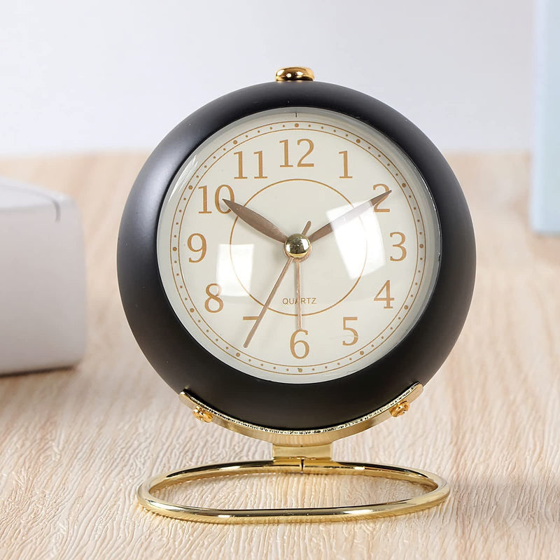 SHISEDECO Small Table Clocks, Classic Non-Ticking Tabletop Alarm Clock with Backlight, Battery Operated Desk Clock with HD Glass for Living Room Bedroom Bedside Indoor Decor (Black Gold)