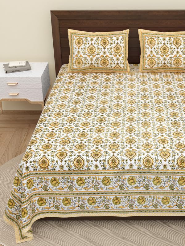 Feels Like Home 220 TC 100% Cotton Super King Size Bedsheet, 1 Bedsheet and 2 Pillow Covers, Block Printed, Olyander Collection Yellow Geometric Print,108 x 108 Inch, Jaipuri Bedsheet