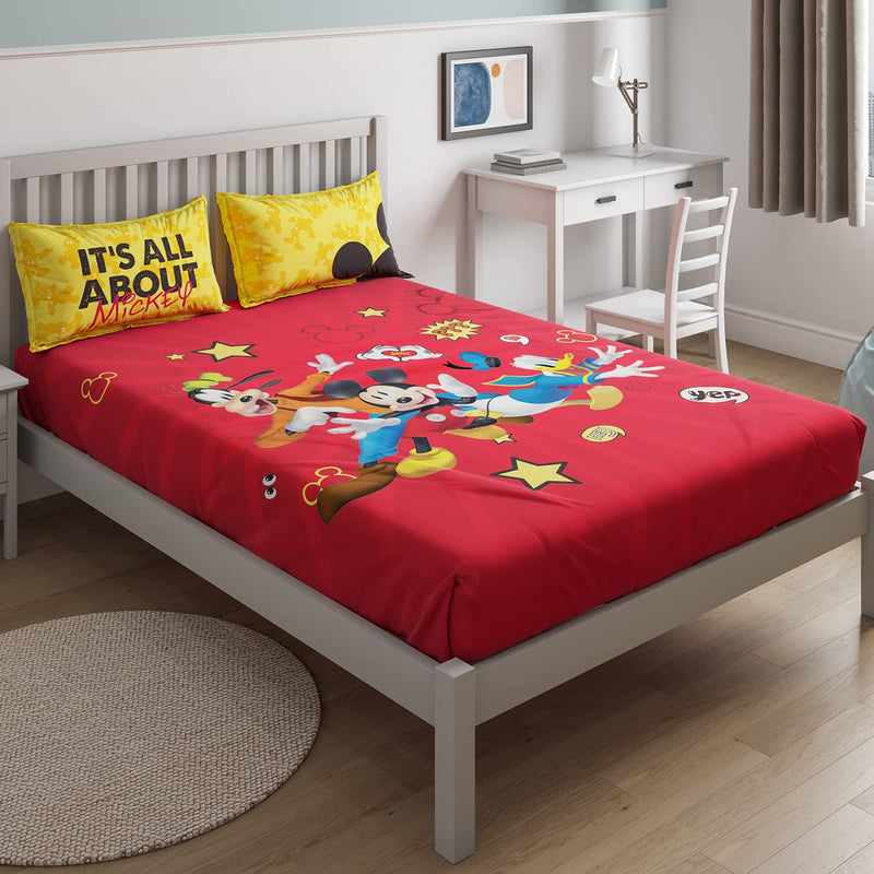 D'Decor Live Beautiful Mickey Conversational 136TC Double Bed Sheet Set with Two Pillow Covers - Red