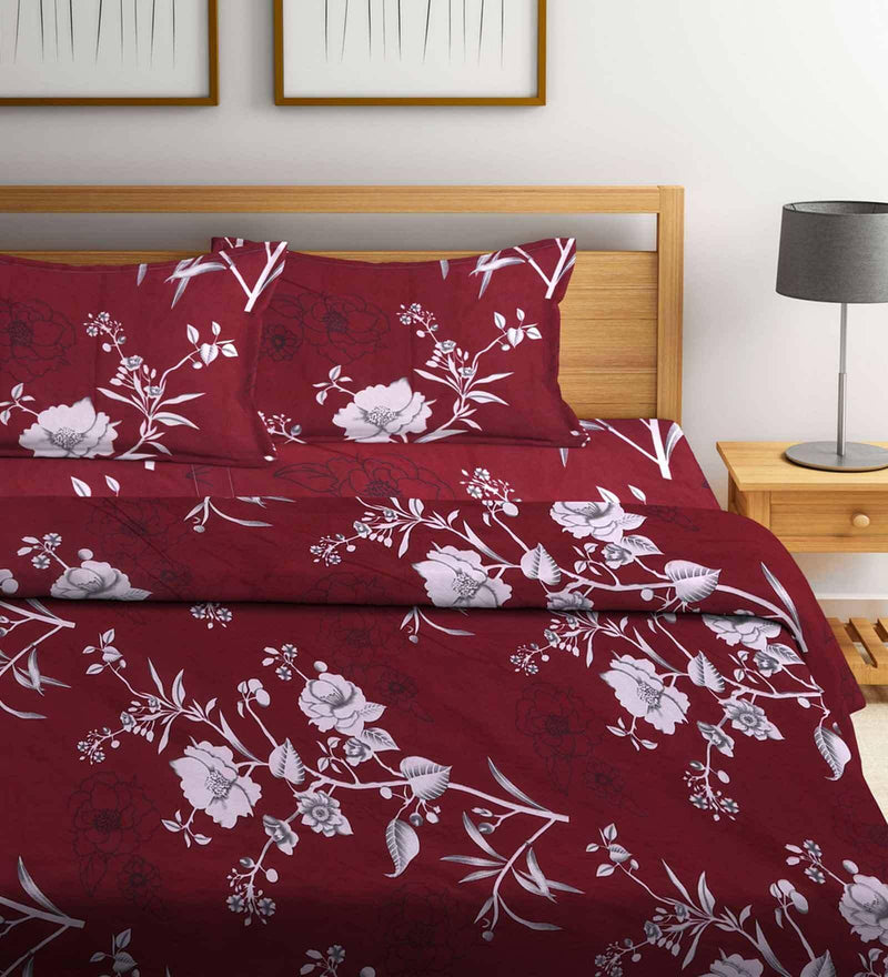 GreenElephant Floral Print Double Bed Bedsheet, 90 x 100 Inches, 210 Thread Count Cotton Blend Flat Sheet, Includes Pillow Covers, Red Silhouette Floral Print