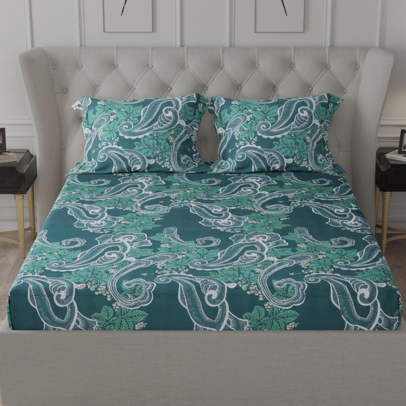 Cloth Fusion 150 GSM Glace Cotton King Size Bedsheet for Double Bed with 2 Pillow Covers (Teal Paisley)