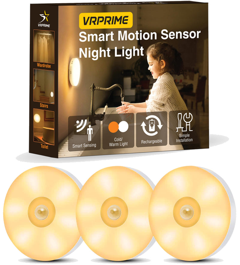 VRPRIME Rechargeable Motion Sensor Light for Home | Night Body Induction Lamp for Bedroom | Under Cabinet Light for Kitchen | Automatic Night Light OnOff Sensor | Adhesive (Pack of 3)