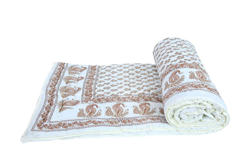 Namaste India Jaipuri Light Weight Pure Cotton Traditional Rajasthani Print White Colour Single Bed Quilt/Razai/Rajai-