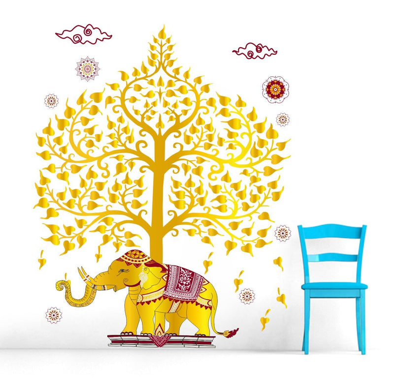 Vcreate Decor Decorative Elephant with Golden Tree Wall Sticker & Decal,Size- 66 Cm X 40 Cm