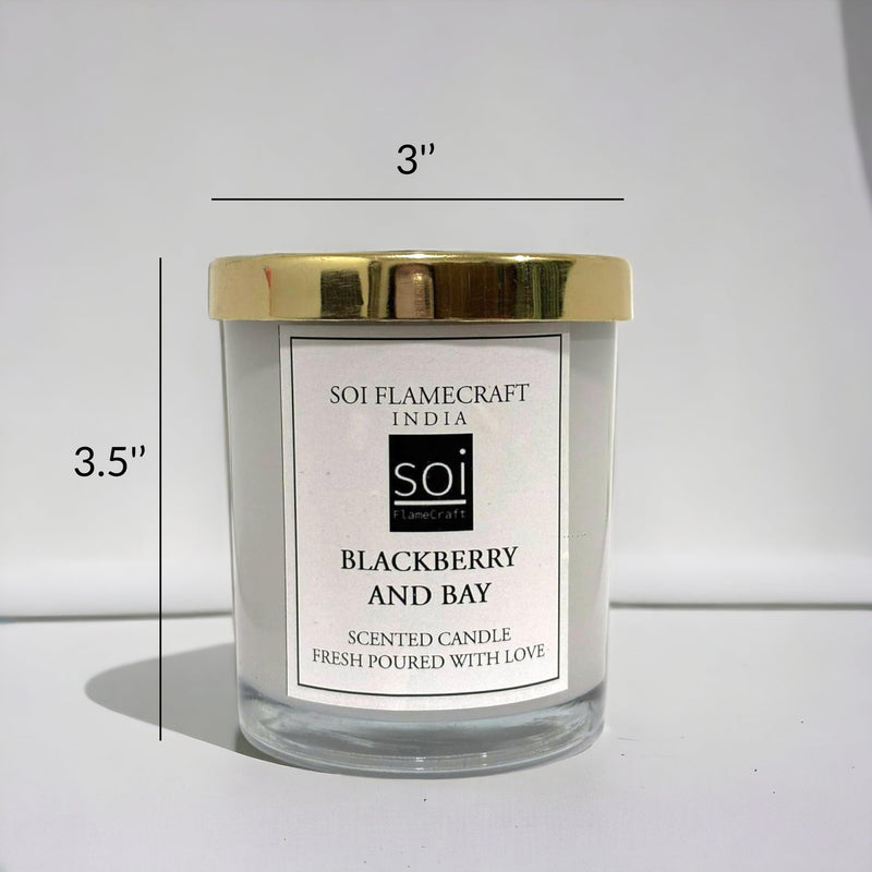 Soi Flamecraft Glass Jar with Metallic Lid Scented Candle| BlackBerry & Bay Fragrance | White Jar Soy Wax Candle | 45 hrs Long-Lasting Aroma | Ideal for Home Decor and Gifting