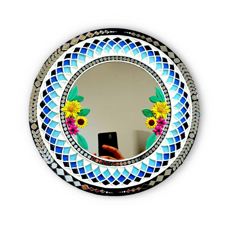 Unique Lippan Art - Mirror & Flowers Round Design, Handmade Home Decoration (Round - 30 cm diameter) (Glam, Floral, Medium)