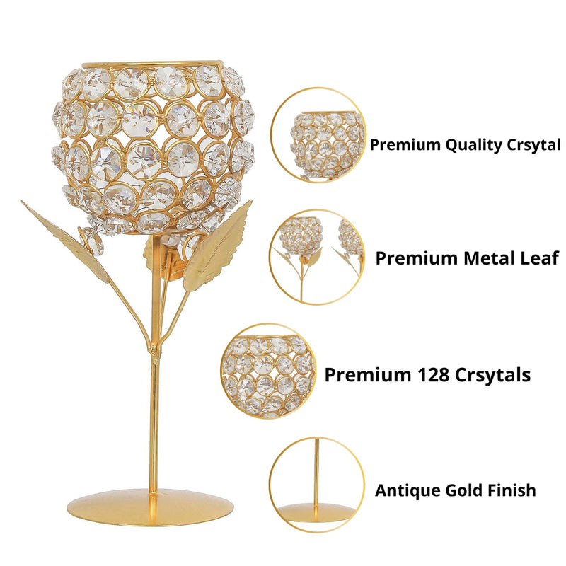 WebelKart New Premium Crystal Rose Brass Candle Holder for Decoration - Set of 2 (8.50 in) Candle Stand for Diwali