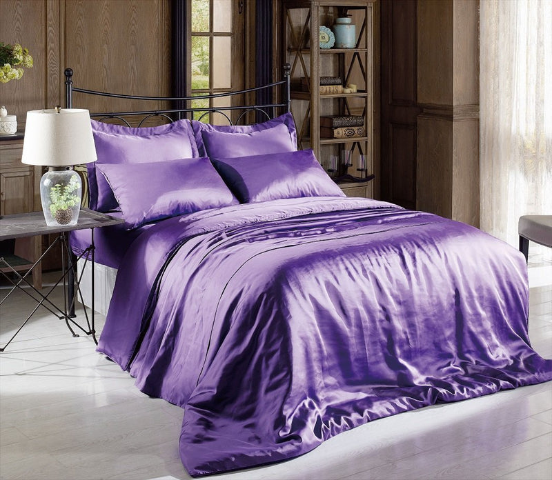 Hight Thread Count Solid Color Soft Silky Charmeuse Satin Luxury and Super Soft Bed Sheet Set (Purple, King)