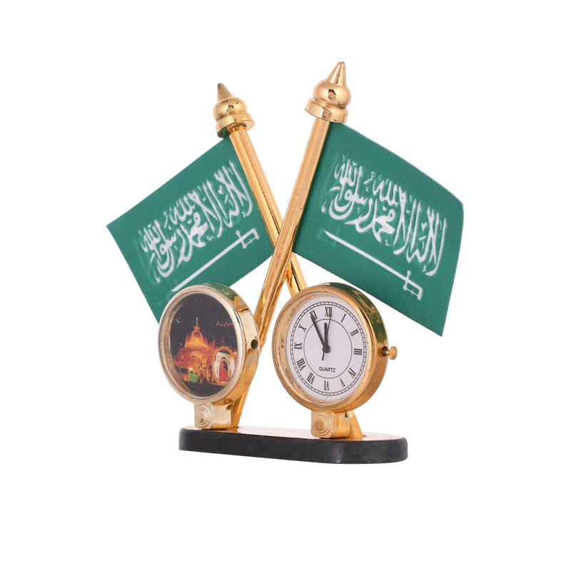 KhwajaDarbar Islamic Muslim Table Desk Clock - Ajmer Sharif Dargah Design With Holy First Kalma Printed Green Flags