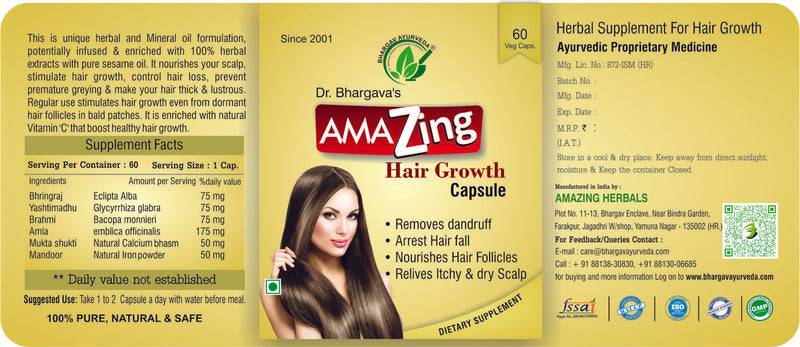 Dr.Bhargav’s I Amazing hair Capsule | Hair growth| Arrest Hair falls |Prevent Premature graying |Regrow Scalp hair|Strengthen Hair|Dense & Black hairs|Nourishes Hair Follicles |60 Capsules