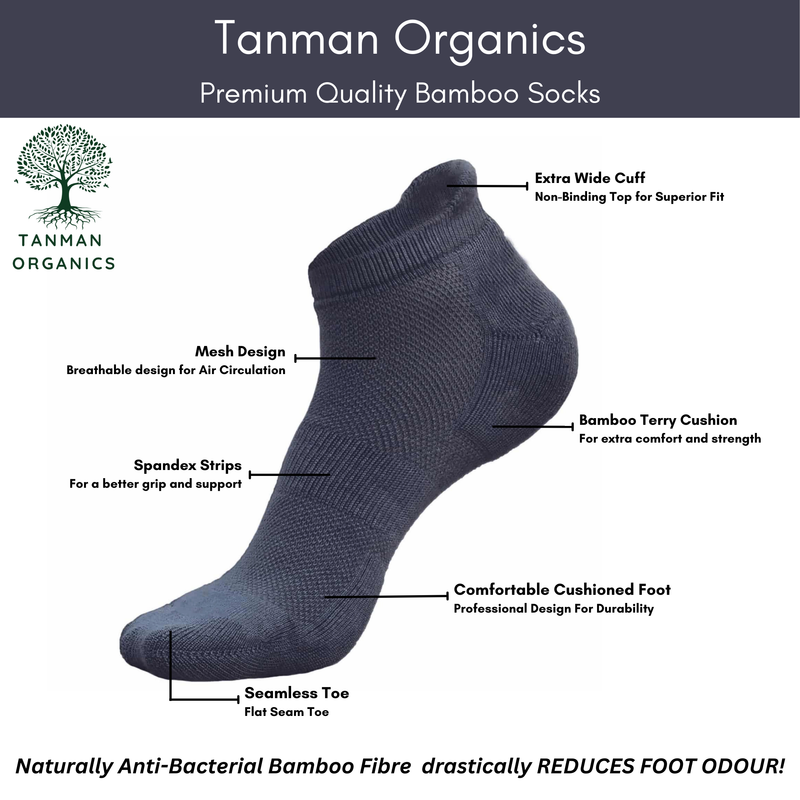 Tanman Organics Bamboo Fiber Unisex Ankle Socks (Odour Free) - Steel Grey