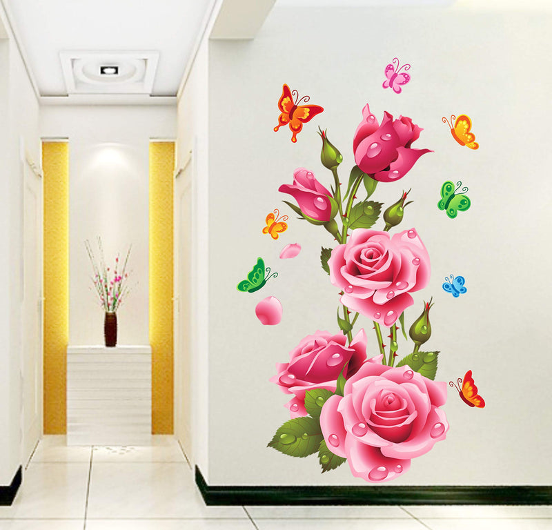 DivineDesigns™ Rose Bouqet with Butterflies Wall Sticker for Living Room Bedroom Office Entrance (20X35) INCH Pack of 1