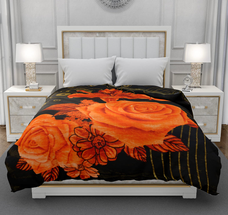 SPANGLE Designer Floral Warm Printed 400 TC Mink Double Bed Blanket (Green & Orange)