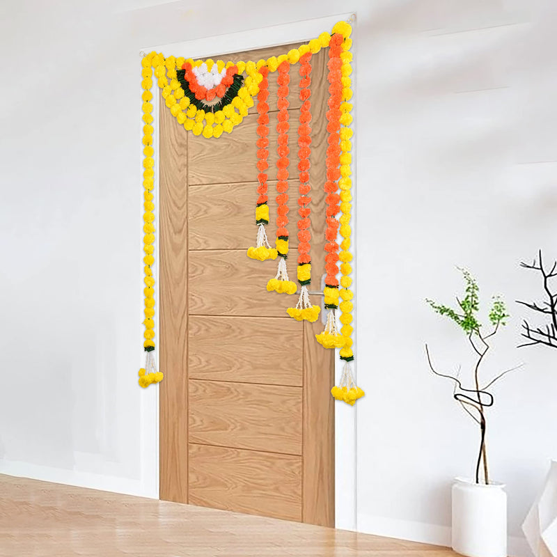 Virushka Toran With Artificial Leaf And Genda Flowers Main Door Hanging Specially Designed For Weddings And Pooja, 37 Inch