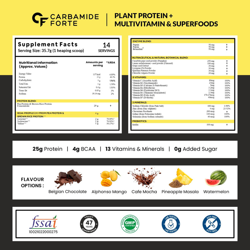 Carbamide Forte Plant Protein Powder - Plant Based Pea Protein Powder with Multivitamin, Minerals, Superfoods, Digestive Enzymes - Alphonso Mango Flavour - 500g