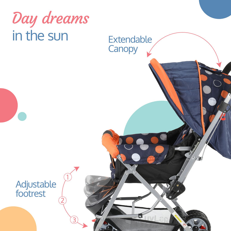 LuvLap Sunshine Baby Stroller/Pram for 0 to 3 Years, New Born/Toddler/Kid, 5 Point Safety Harness, Adjustable backrest, 360° Swivel Wheel, Large Storage Basket, Reversible Handlebar (Orange)