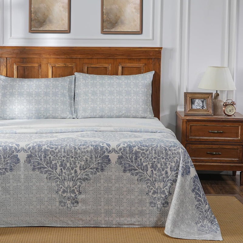 maspar Vintage Acanthus Serenity Leisure Lay Print Blue King Bed Sheet with Pillow Case