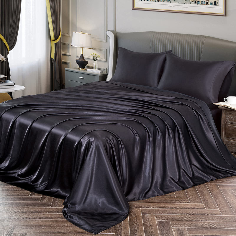 Vonty Satin Sheets Queen Size Silky Soft Satin Bed Sheets Black Satin Sheet Set, 1 Deep Pocket Fitted Sheet + 1 Flat Sheet + 2 Pillowcases