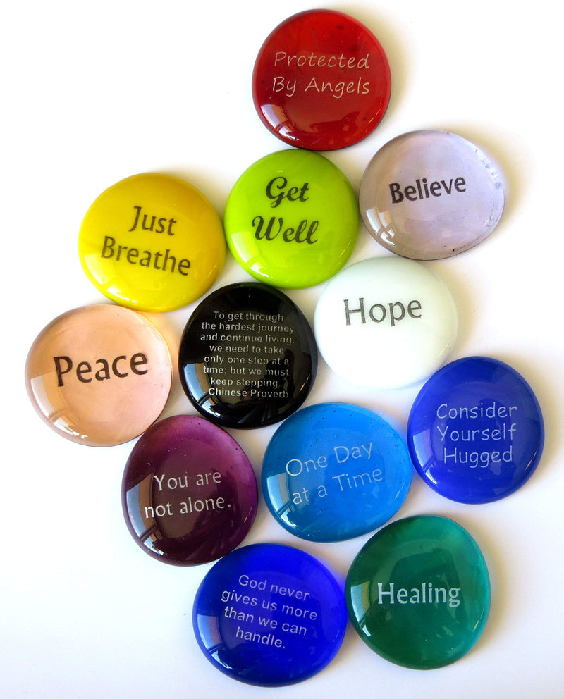 Comfort Stones,12 Encouraging and Comforting Sayings On Glass Stones For Anyone Facing a Challenge Or Illness. By Lifeforce Glass.