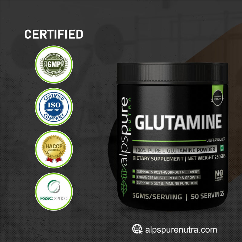 Alpspure Nutra 100% Pure Glutamine Powder (250 G) Unflavoured | Post Workout Supplement for Muscle Growth & Recovery | Sports & Fitness Nutrition for Men & Women | L-Glutamine | Amino acid