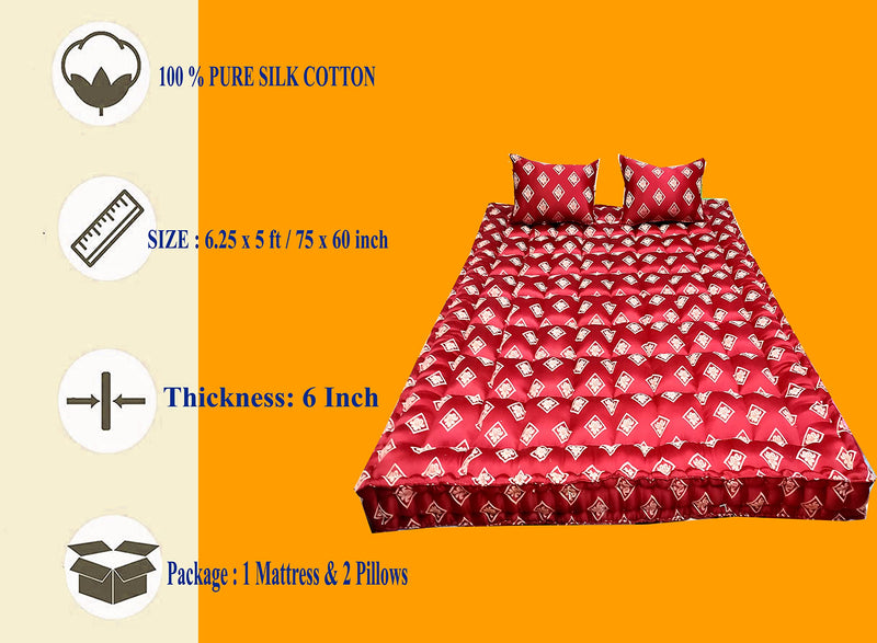 Flamo Mattress Organic Silk Cotton Kapok Ilavam Panju Queen Size Mattress, 6.5 x 5 ft / 78 x 60 x 6 Inch,Multicolour