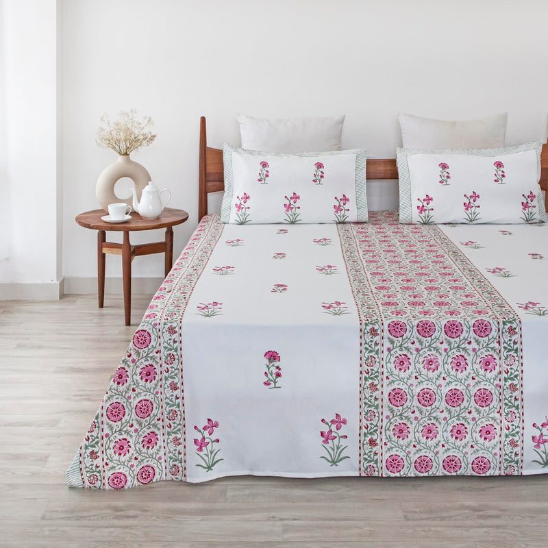 HOMEMONDE 108x108 Inches Hand Block Print Bedsheet King Size Soft and Cotton with 2 Pillow Covers Comfy Luxury Bedding, Pink