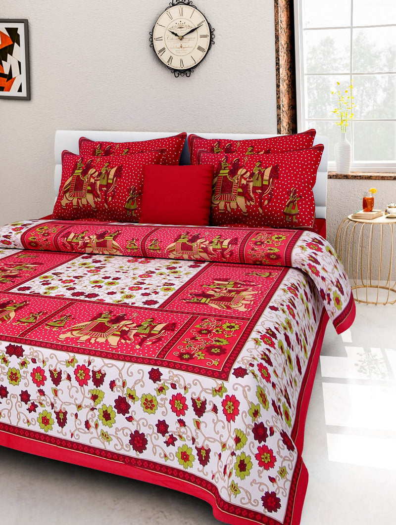 ART WORLD Queen Size Double Bed Sheet with Pillow Covers Pure Cotton Rajasthani Jaipuri Traditional Printed Bedcover (Red, Queen)