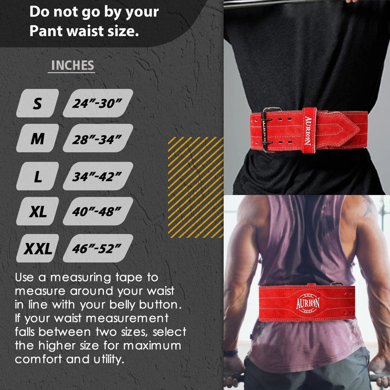 Aurion Comfort and Durable Leather Weightlifting Belt (Medium, Red, 1pc) For Men and Women | Weightlifting Belt for Fitness Training | Power Lifting for Men and Women | Back Support for Heavy Lifting