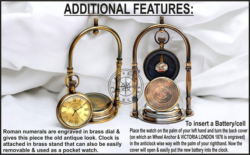 Hanzla Collection Nautical Clock Ship Table Clock Brass Desk Clock Maritime Brass Compass with Antique Victoria London Pocket Watch