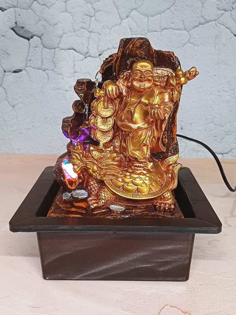 VIVARS Resin Laughing Buddha With Coins And Money Bag Tabletop Waterfall Fountain With Led Light For Indoor Home Office Decor Golden-Brown