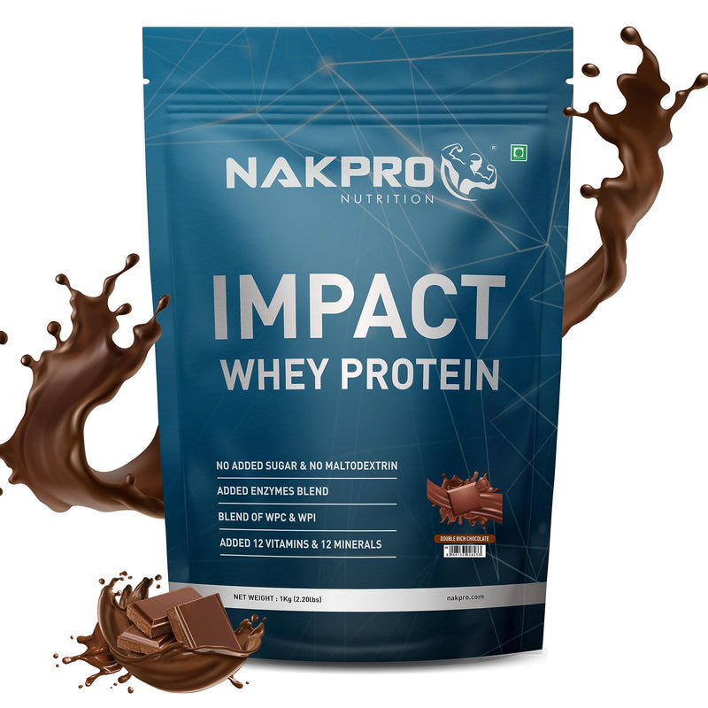 NAKPRO Impact Whey Protein 1kg | Isolate & Concentrate | 24g Protein & 4.9g BCAA | With Digestive Enzymes for better Absorption | Lab Tested 100% Authentic Supplement Powder & No Adulteration - Double Rich Chocolate Flavour