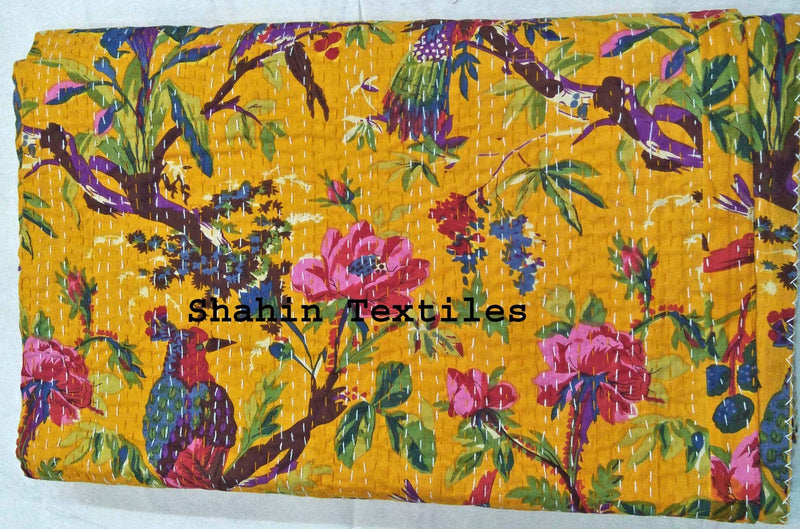 TI AMO Handmade Multi Color Printed Kantha Quilt 90x108 Inch Kantha Coverlet Throw Kantha Gudari