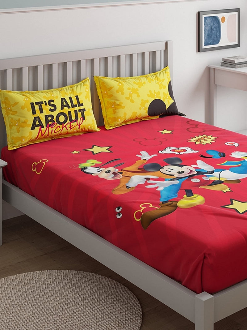 D'Decor Live Beautiful Mickey Conversational 136TC Double Bed Sheet Set with Two Pillow Covers - Red