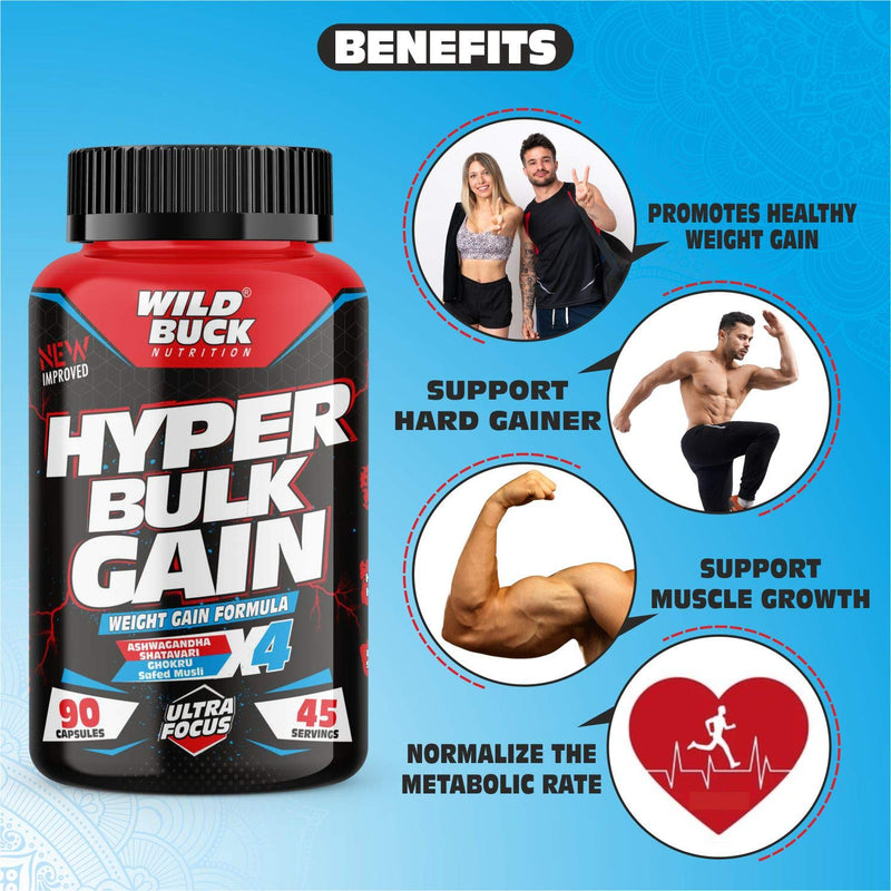 Wild Buck Hyper Bulk Gain Mass & Weight Gainer Capsule for Fast Weight & Muscle Gain, Daily Muscle Building Weight Lifters Supplement for Muscle Growth, Stamina & Strength, For Men & Women- 90 Cap.