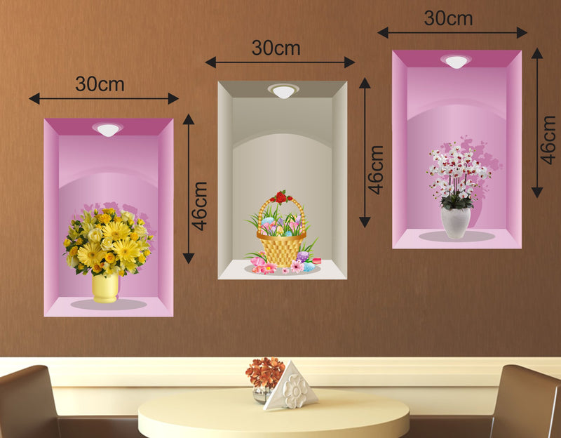 Sticker Hub 3 Pieces 3D Abstract Flower Pot Wall Sticker 30Cm X 46Cm Colour - Multicolour BS73