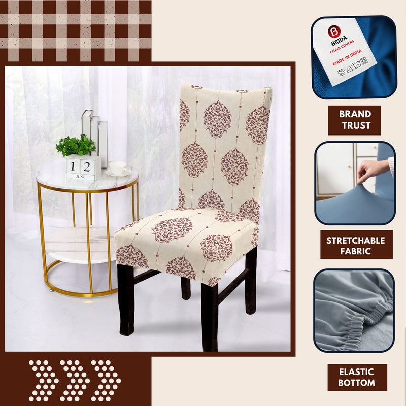 BRIDA ® Poly Cotton Spandex Stretchable Floral Geometric Printed Dining Chair Covers Elastic Chair Seat Case Protector, Slipcovers (6 Chair Cover, Damask Beige)