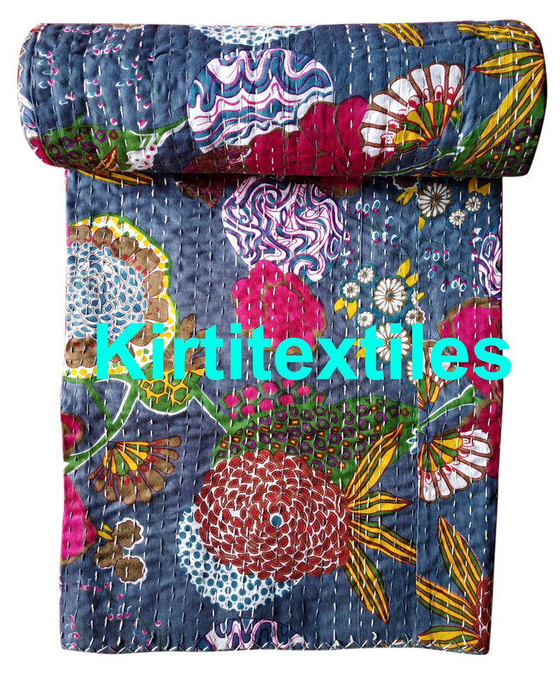 Kirti Textile and Handicraft Handmade Quilt Cotton Kantha Bed Cover Home Decor (Multicolour, 60x90 Inch)