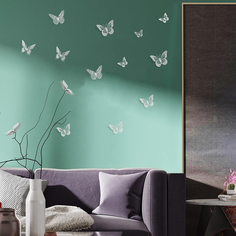 Liv'Oliv 12 Pcs 3D Metal Butterfly Wall Stickers for Home Decor (Silver)