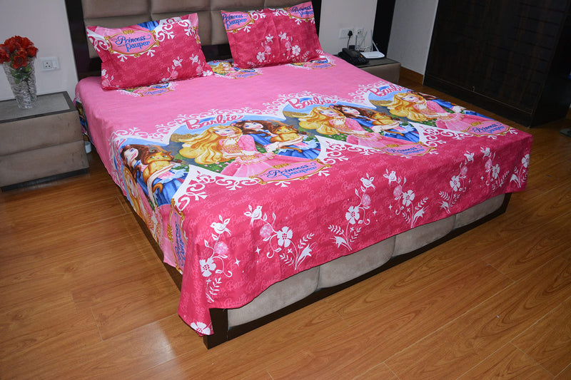 BLESS KRAFT Kids Cartoon Character King Size 100% Cotton Glace Bedsheet (Size: 95 X 108 Inches) GSM 230 (Princess)