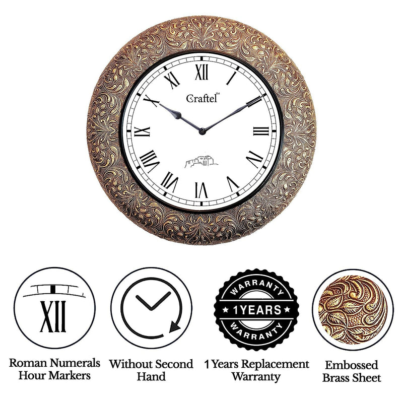 CRAFTEL Brass Embossed Roman Dial Clock Antique Desgin Wall Clock for Bedroom Living Room Home (Gold, 18 Inch X 18 Inch)