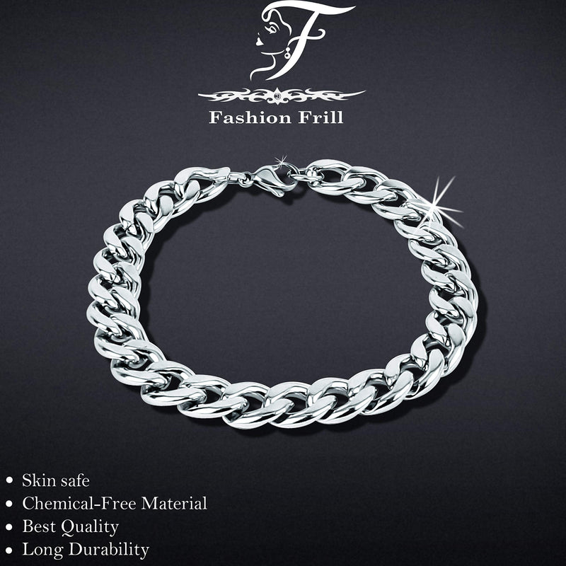 Fashion Frill Stylish Silver Plated Stainless Steel Chain Style Silver Bracelet For Men Boys Mens Bracelets 8.5 Inches