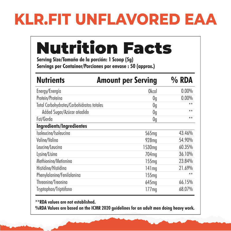 Klr.Fit's EAA Intra - Training/Workout drink Powder with BCAA helps provide Muscle Recovery | Hydration | Performance All 9 Essential Amino Acid- 50 servings