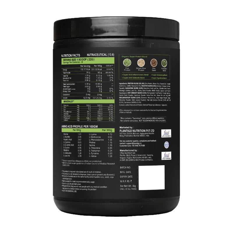 Plantigo Clean Plant Protein Powder | No Preservatives, No Banned Substances |Super Protein Blend- Pea, Brown Rice, Flax | Vegan Protein - Men, Women (Cappuccino - Original Bitter Coffee Taste - 1 Kg)