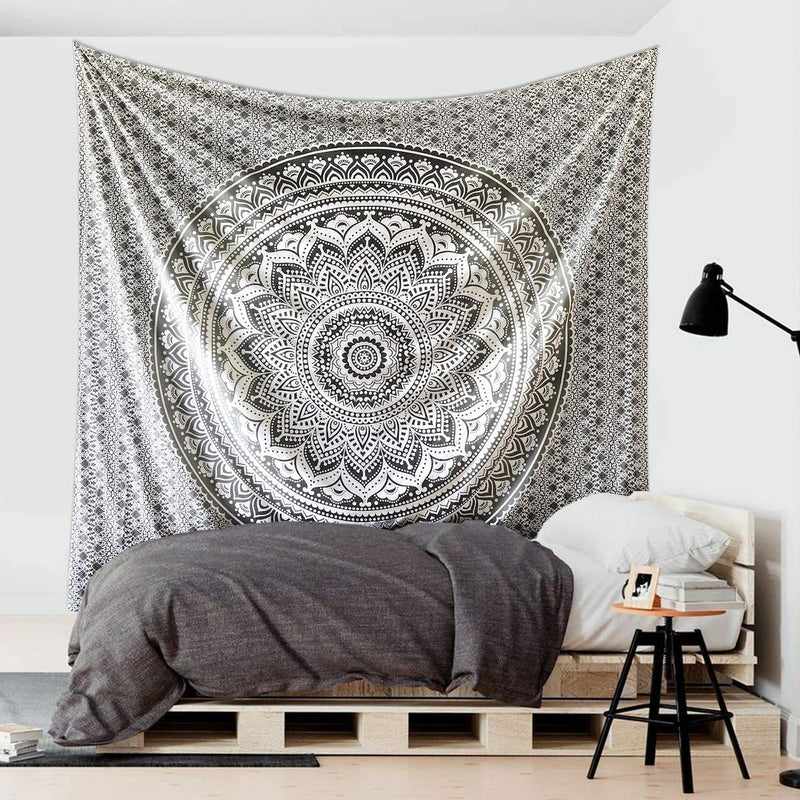 Raj Handicrafts Ombre Mandala Cotton Tapestries Throw Blanket (Black Grey, 84x54 Inches)