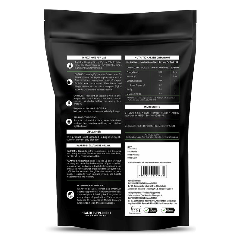 Nakpro L-Glutamine Powder | 4g Glutamine Per Serving, 60 Servings | Post Workout Amino Acid Supplement for Muscle Growth and Recovery (Pink Guava, 300g)