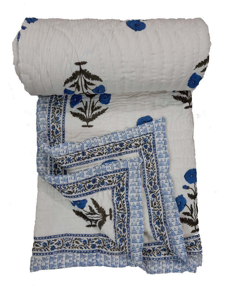 Handicraftworld Handmade Handblock 100%Pure Cotton Jaipuri razai/rajai Traditional sanganeri Print Double Bed Quilt Blanket - 90 Inch x 108 Inch, King Size with Bag (Blue)