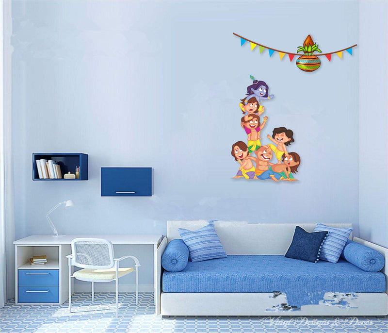 Krishna Dahi Handi Self Adhesive VinylWaterproof Decorative Wall Stickers for Hall, Bedroom, Kitchen and Furniture