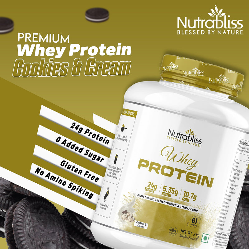 Nutrabliss Premium Pure Whey Protein Concentrated blended with digestive enzymes and probiotics | 100% tested and guaranteed Whey Protein - 24 Gram Protein per serving (Cookies and Cream, 2 Kg)